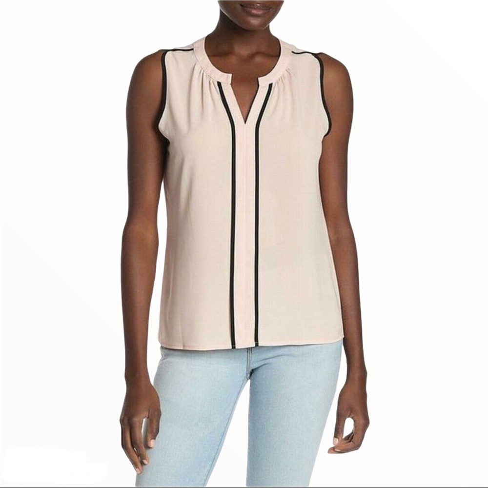 CALVIN KLEIN Blush Pink Piped V-Neck Sleeveless Blouse Black Trim Small Corpcore